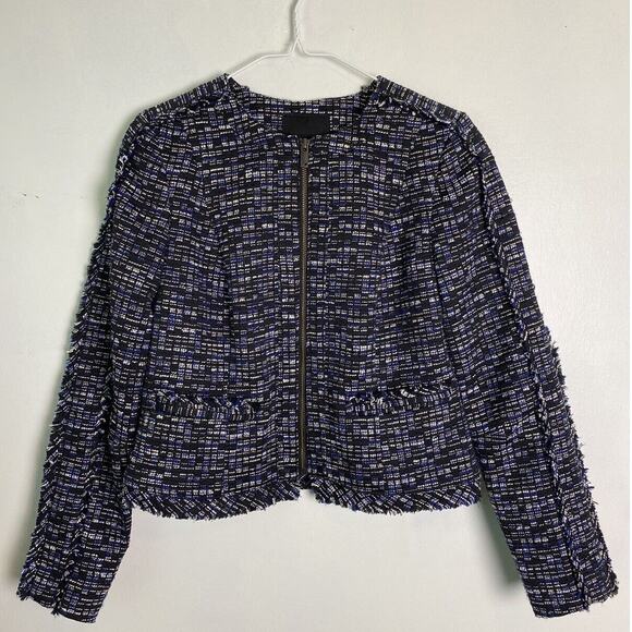 Banana Republic Women's Black Blue Tweed Zip Front Blazer Size 2 - Picture 2 of 8